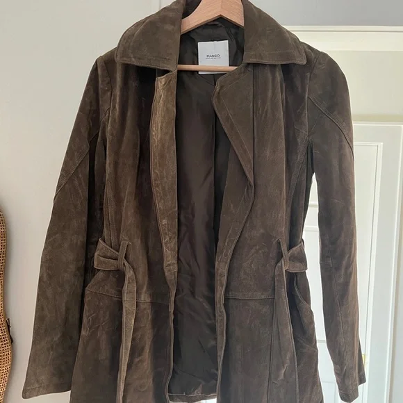 Mango Olive Suede Belted Wrap Jacket - Picture 2 of 4